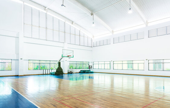 Empty Basketball Court In A School Gym