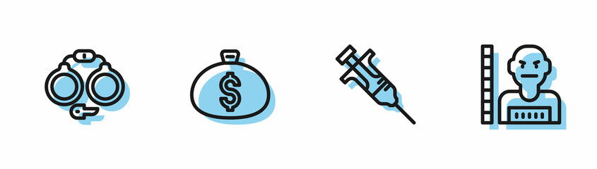 Set line Syringe, Handcuffs, Money bag and Suspect criminal icon. Vector