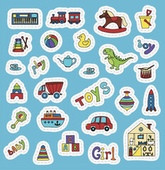 Vector toys doodle stickers set. Hand draw collection of toys icons for baby shower or scrapbook. Cute illustration for children