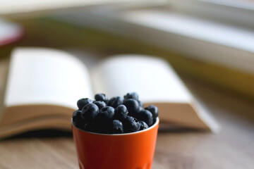 Cup filled with blueberries and open book on a table. Selective focus.