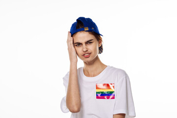 woman wearing white t-shirt lgbt Flag transgender community Protest