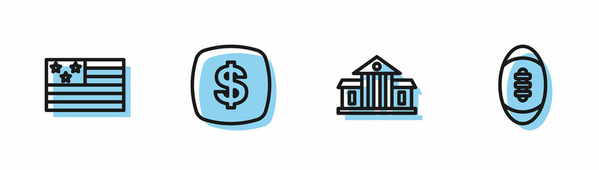 Set line White House, American flag, Dollar symbol and Football ball icon. Vector