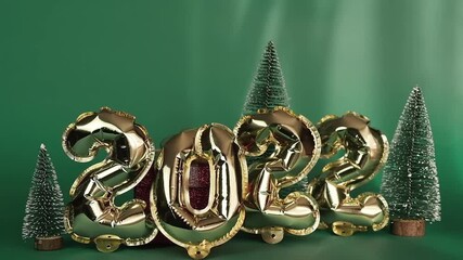 Golden balloons of 2022, miniature Christmas trees isolated on a mint-colored background. Helium balloons, gold foil numbers. Figures for a Happy New Year 2022. Decoration of parties, celebrations. - Powered by Adobe