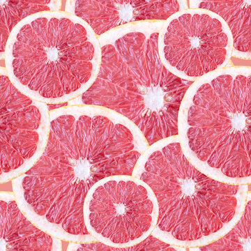 Pink Grapefruit Slice Seamless Pattern. Food Background