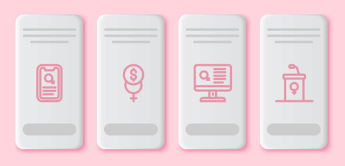 Set line Dating app, Feminism finance, and Debate podium rostrum. White rectangle button. Vector