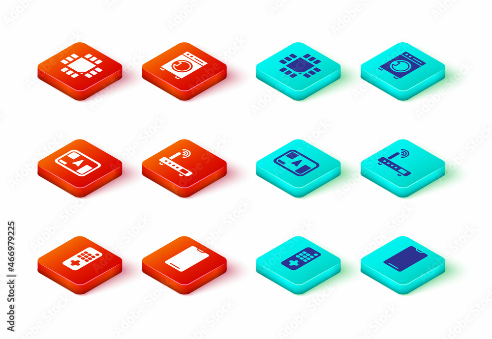 Poster set remote control, smartphone, mobile phone, gps device with map, router and wi-fi signal, washer a