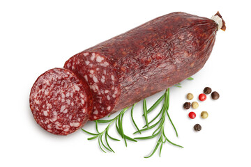 Smoked sausage salami with slices isolated on white background with clipping path and full depth of field. Top view. Flat lay