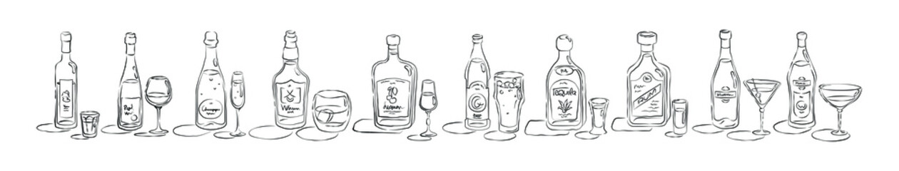 Bottle and glass vodka, wine, champagne, whiskey, liquor, beer, tequila, rum, martini, vermouth in hand drawn style. Beverage outline icon in row. Line art sketch on white background