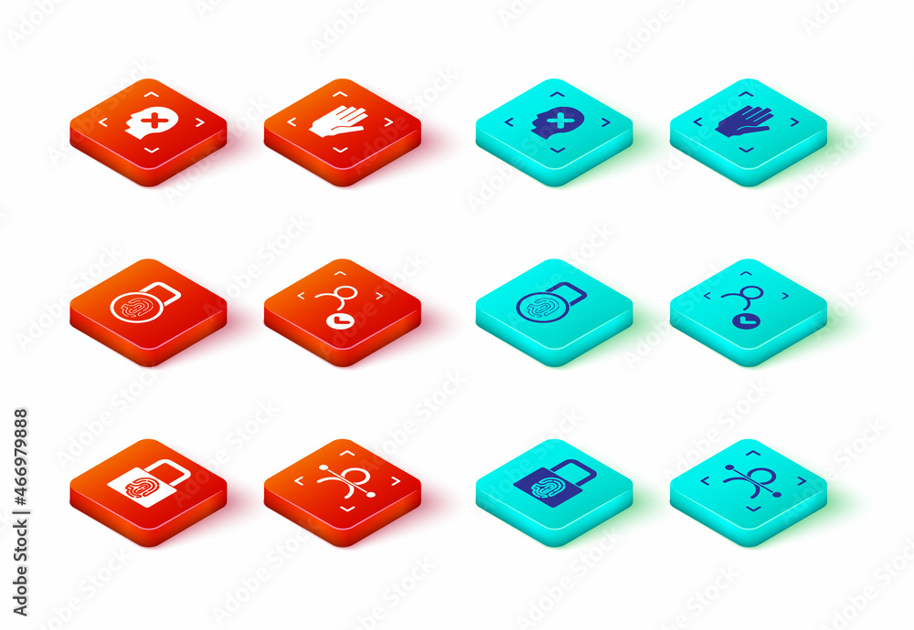 Poster set fingerprint with lock, face recognition, palm and rejection face icon. vector