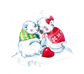 Watercolor hand draw illustration white teddyies bear boy and girl sitting on ice in clothes ; can be used for cards, invitations, baby shower, posters; with white isolated background.