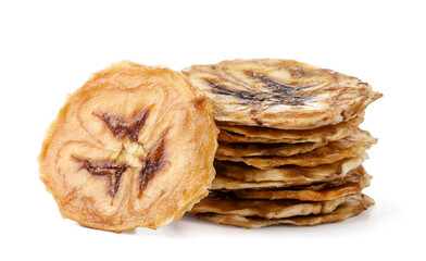 Heap of banana chips on a white background. Isolated