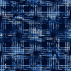 Brush Stroke Plaid Geometric Grung Pattern Seamless in Blue Color Check Background. Gunge Collage Watercolor Texture for Teen and School Kids Fabric Prints Grange Design with lines - 466980259