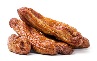 Pile of dried banana on white background. Isolated