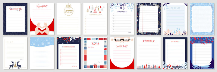 Cute Christmas planner. Christmas to do list. Paper page with colorful decoration. Schedule card and memo mockup. Cute Santa Claus wish list - obrazy, fototapety, plakaty