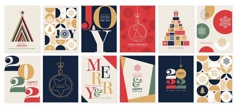 Set of creative colorful cards, flyers, posters for 2022 New Year. Numbers design. Christmas greetings