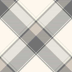 Seamless plaid pattern in taupe, grey, ivory cream and beige. Diagonal repeat. 