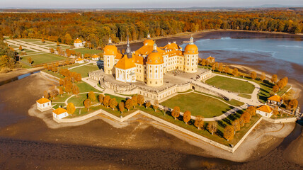 Aerial view of fairy tale Moritzburg Castle in Saxony,Germany.Magnificent baroque palace in middle...