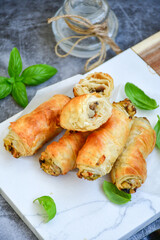  Greek style Mini filo pastry rolls with mushrooms.Home made bakery .Fresh baked  Mini cheese  ,meat and herbs puff pastries