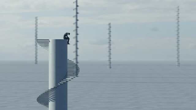 高い塔の頂上に座りうなだれるビジネスマン / 挫折と失望・燃え尽き症候群・見通せない未来の3Dモーショングラフィックス