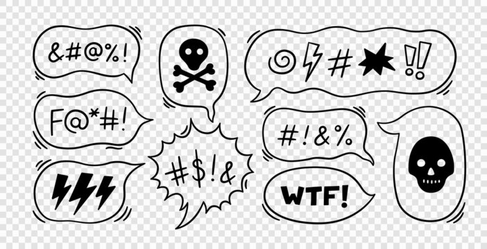 Comic speech bubble with swear words symbols. Hand drawn speech bubble with curses, lightning, skull, bomb and bones. Vector illustration isolated in doodle style on transparent background.