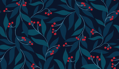 Fairy floral background in dark colors. Blue floral pattern with red berries and large leaves. Composition of tightly intertwined twigs with berries and leaves. Seamless pattern, vector illustration.