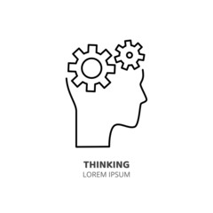 Brainstorm and thinking line icon concept. Human head with working gears inside outline stroke element. Psychologist counseling. Editable stroke vector illustration