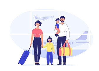 Fototapeta na wymiar Family with children at the airport. Vector illustration. Traveling by plane. Travel concept.