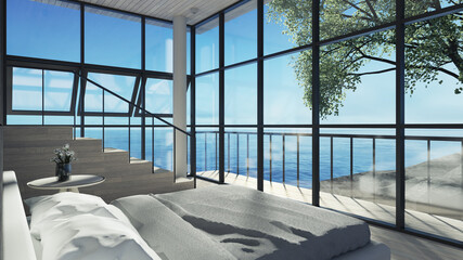 The Modern Bedroom Interior Sea view for Vacation and Summer - 3D  rendering