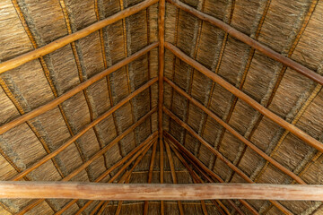 Palm ceiling of a log cabin, Caribbean wooden hut, Mexican paradise