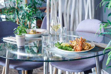 Dish of fried squid rings and shrimps, mediterranean food