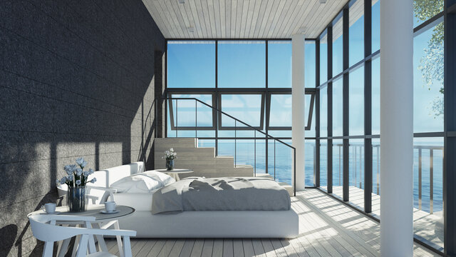 The Modern Bedroom Interior Sea view for Vacation and Summer - 3D  rendering