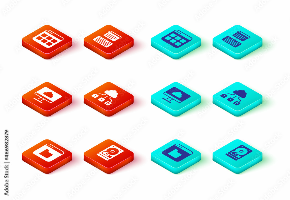 Aufkleber set browser files, hard disk drive hdd, cloud technology data transfer, server, data, web hosting an