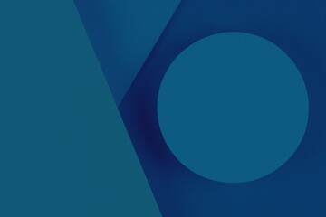 Abstract geometric blue color background. Round shape platform podium for product display on blue paper background. Top view