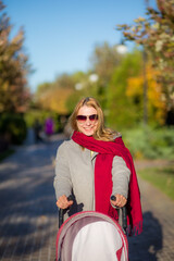 Fototapeta na wymiar Young mom rolls a stroller on a walk in the fall
