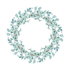 Watercolor Christmas wreath with eucalyptus branches. Hand painted holiday frame with greenery isolated on white background. Floral frame. Winter Save the Date. Watercolor Eucalyptus Greenery frame