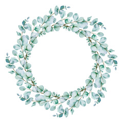 Watercolor Christmas wreath with eucalyptus branches. Hand painted holiday frame with greenery isolated on white background. Floral frame. Winter Save the Date. Watercolor Eucalyptus Greenery frame
