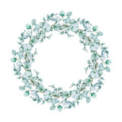 Watercolor Christmas wreath with eucalyptus branches. Hand painted holiday frame with greenery isolated on white background. Floral frame. Winter Save the Date. Watercolor Eucalyptus Greenery frame