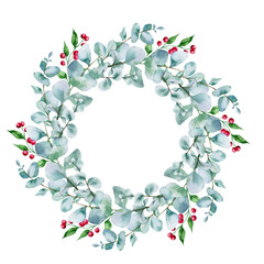 Watercolor Christmas wreath with eucalyptus branches and Poinsettia . Hand painted holiday frame with greenery isolated on white background. Floral frame. Watercolor Eucalyptus Greenery frame	
