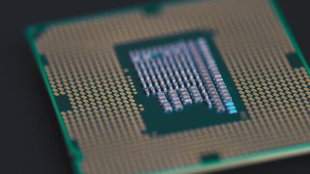 Close-up. Chip processor computer. Central processor unit pins. Macro. Microchip. High quality 4k footage