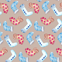 Hand drawn watercolor seamless pattern with winter knitted socks