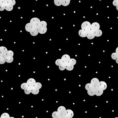Scandinavian monochrome childish seamless pattern with abstract clouds and stars vector illustration isolated on black background.