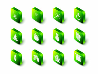 Set Magic staff, wand, stone ring with gem, Three tarot cards, hat, Bottle potion, and Circus tent icon. Vector