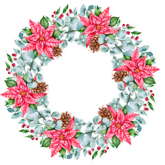 Watercolor Christmas wreath with eucalyptus branches and Poinsettia . Hand painted holiday frame with greenery isolated on white background. Floral frame. Watercolor Eucalyptus Greenery frame	
