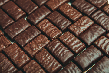 Assorted chocolate candies on wooden background. Chocolate sweets. Dessert background.