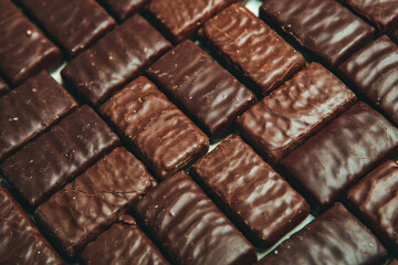 Assorted chocolate candies on wooden background. Chocolate sweets. Dessert background.