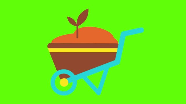Agricultural wheelbarrow animated cartoon icon in the green background; a wheelbarrow with soil and plant on it