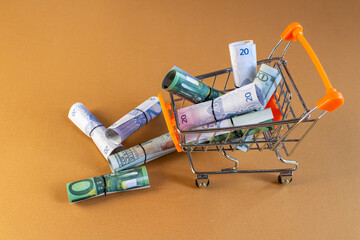 Full of money banknotes in shopping cart.