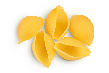 Uncooked dried conchiglie. Raw organic shell pasta isolated on white bachground with clipping path and full depth of field. Top view. Flat lay