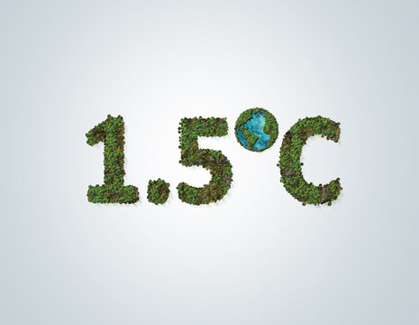 Symbol for limiting global warming.  Limit global warming "2&deg;C" to "1.5&deg;C". 3D Green 1.5&deg;C symbol concept.