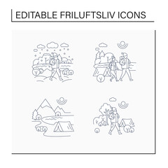 Friluftsliv line icons. Family hiking. Green, eco tourism. Adventure tourism. Nature landscape. Nordic outdoor activities concept.Isolated vector illustrations.Editable stroke